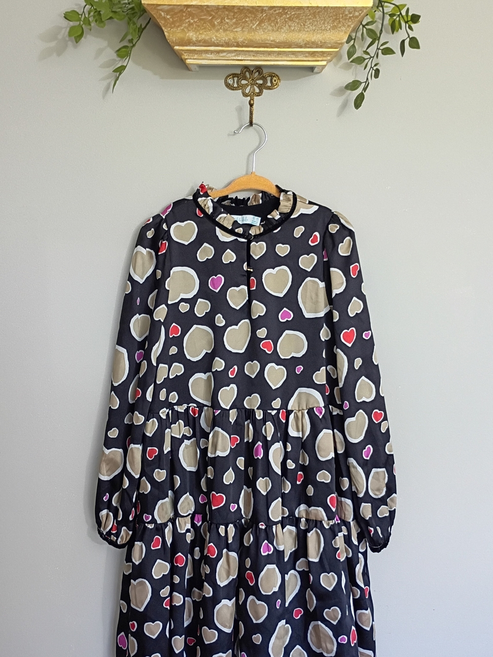Abel & Lula Black Heart-Print Tiered Dress with Ruffle Collar